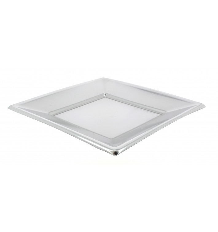 Plastic Plate Flat Square shape Silver 18 cm 