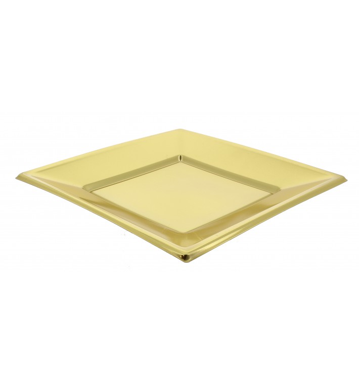 Plastic Plate Flat Square shape Gold 23 cm 