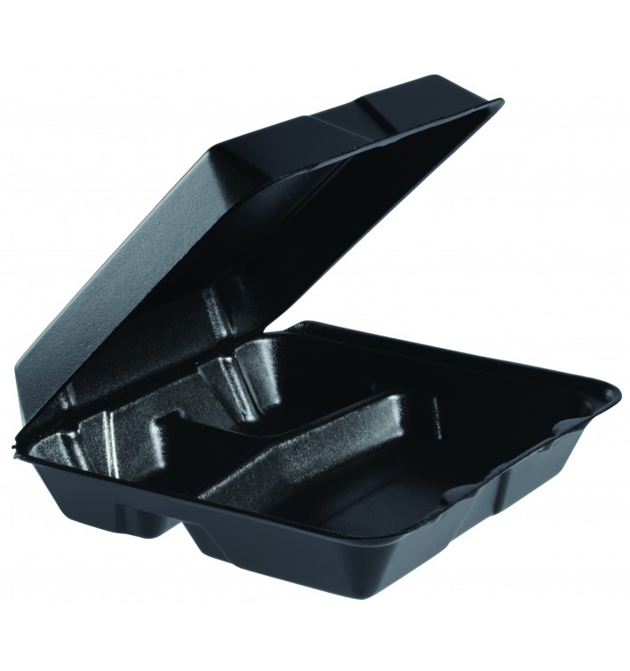 Foam Lunch Box 3 Compartments Removable Lid Black 2,40x2,35cm (100 Units) 