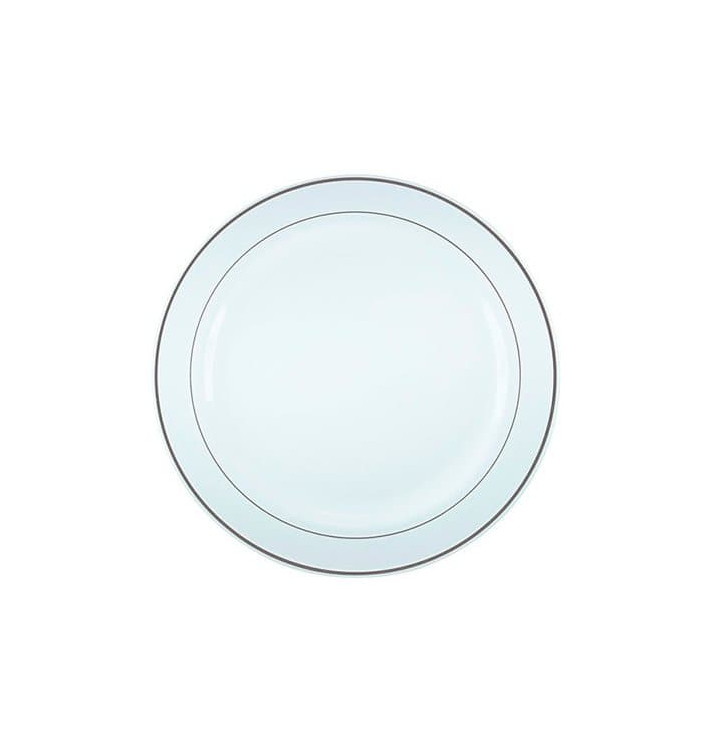 Plastic Plate Extra Rigid with Border Silver 15cm (20 Units) Plastic Plate Extra Rigid with Border Silver 15cm (20 Units)