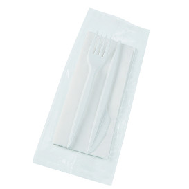 Plastic Cutlery kit PS Fork, Knife and Napkin White (25 Units)