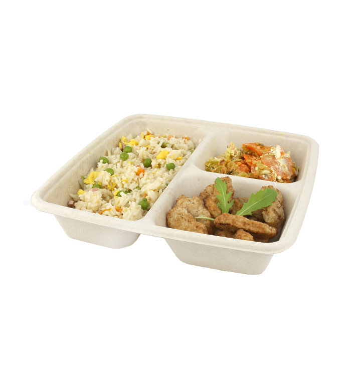 Sugarcane Container 3 Compartments 900ml 23x23x4cm (75 Units)