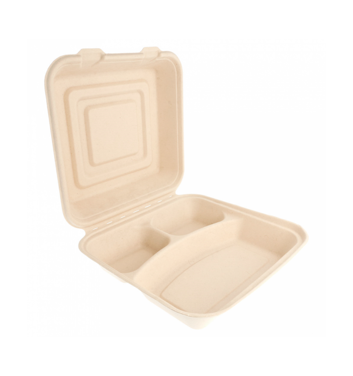 Sugarcane Hinged Container "Menu Box" 3 Compartments 25x25x7,5cm (250 Units) Sugarcane Hinged Container "Menu Box" 3 Compartments 25x25x7,5cm (250 Units)