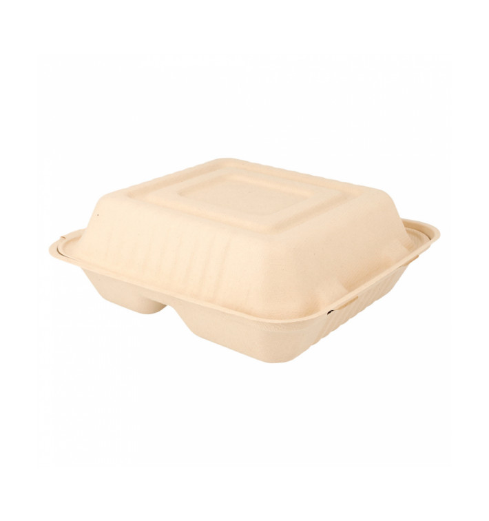 Sugarcane Hinged Container "Menu Box" 3 Compartments Natural 20x20x7,5cm (200 Units) Sugarcane Hinged Container "Menu Box" 3 Compartments Natural 20x20x7,5cm (200 Units)