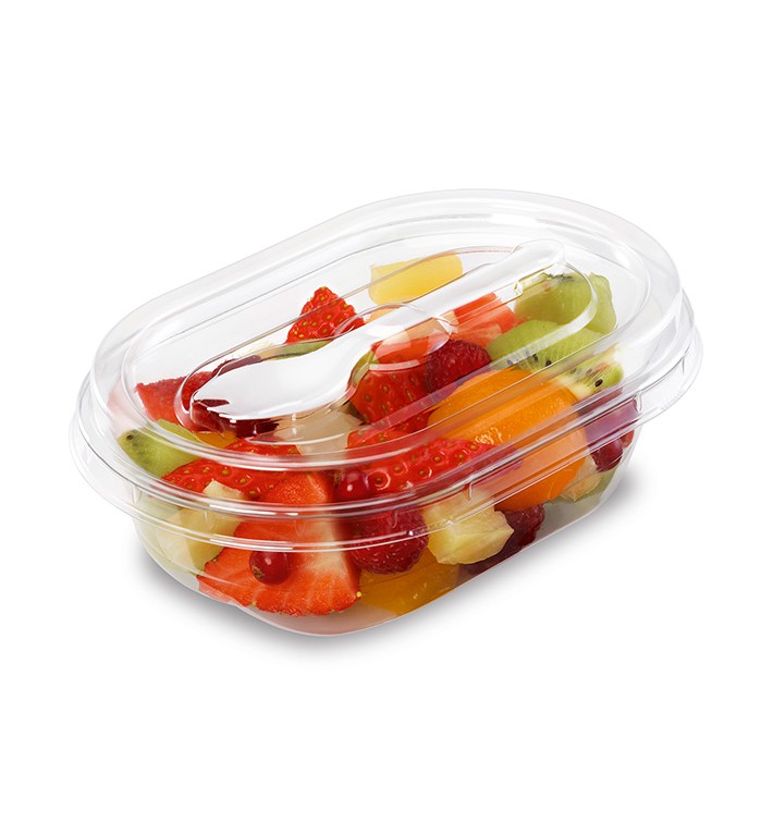 Plastic Salad Bowl APET shape with Fork 370ml 19x14x6,4cm (100 Units) 