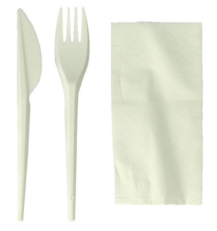 Cornstarch Cutlery Kit PLA : Fork + Knife + Napkin PLA (300 Units) Cornstarch Cutlery Kit PLA : Fork + Knife + Napkin PLA (300 Units)