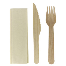 Wooden Varnished Cutlery Set of Fork, Knife and Napkin (250 Sets)