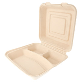 Sugarcane Hinged Container "Menu Box" 3 Compartments 25x25x7,5cm (50 Units) 
