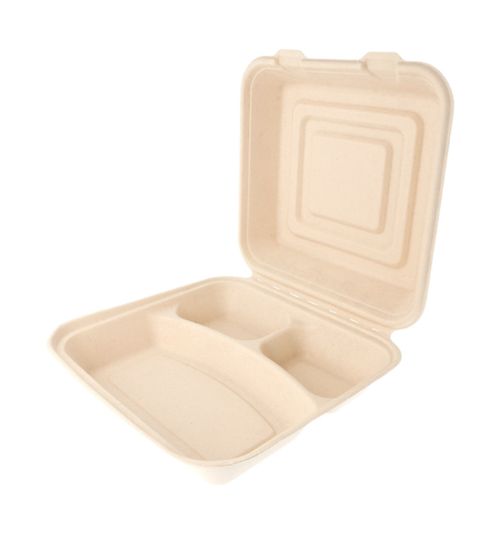 Sugarcane Hinged Container "Menu Box" 3 Compartments 25x25x7,5cm (50 Units) Sugarcane Hinged Container "Menu Box" 3 Compartments 25x25x7,5cm (50 Units)