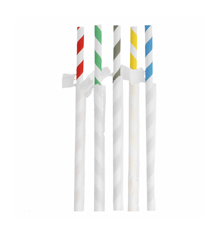 Paper Straw Straight Striped Wrapped With a Kraft Sleeve Ø8mm 23,5cm (3.000 Units)