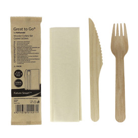 Wooden Varnished Cutlery Set of Fork, Knife and Napkin (250 Sets)