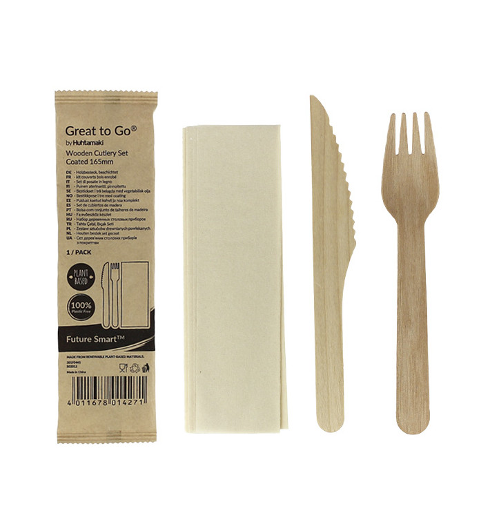 Wooden Varnished Cutlery Set of Fork, Knife and Napkin (250 Sets)