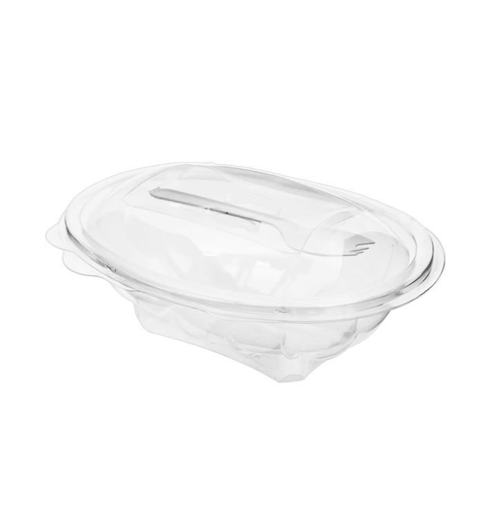 Plastic Salad Bowl APET shape with Fork 500ml 19x14x7,6cm (100 Units)