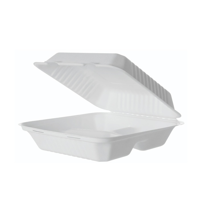 Sugarcane Hinged Container + PLA White 3C 23x23x7,5cm (50 Units) Sugarcane Hinged Container + PLA White 3C 23x23x7,5cm (50 Units)