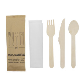 Wooden Fork, Knife, Spoon and Napkin Set 20,5cm (600 Units)