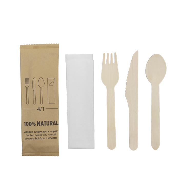 Wooden Fork, Knife, Spoon and Napkin Set 20,5cm (600 Units)