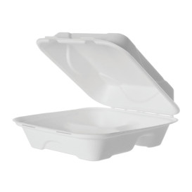 Sugarcane Hinged Container "Menu Box" 3 Compartments White 20x20x7,5cm (50 Units) 