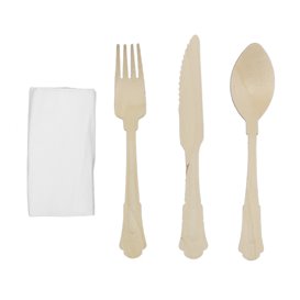 Wooden Forck, Knife, Spoon and Napkin Kit "Classic" 20cm (25 Units)
