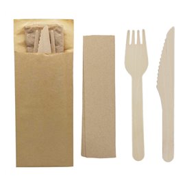 Wooden Cutlery Kit Fork, Knife and Napkin (50 Units)