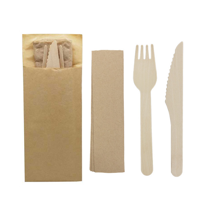 Wooden Cutlery Kit Fork, Knife and Napkin (50 Units) Wooden Cutlery Kit Fork, Knife and Napkin (50 Units)