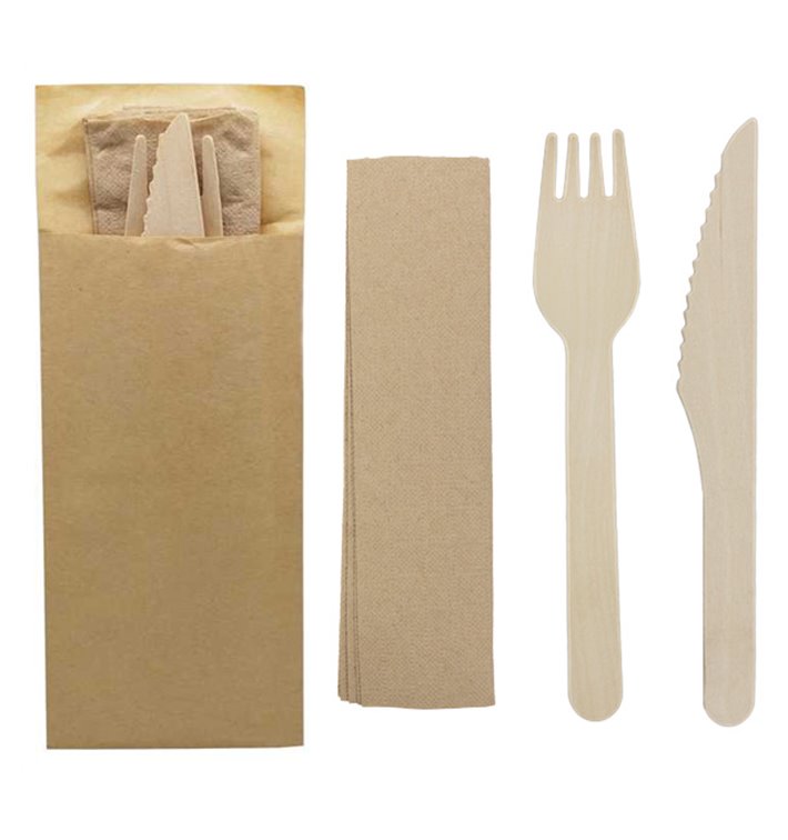 Wooden Cutlery Kit Fork, Knife and Napkin (1.200 Units)