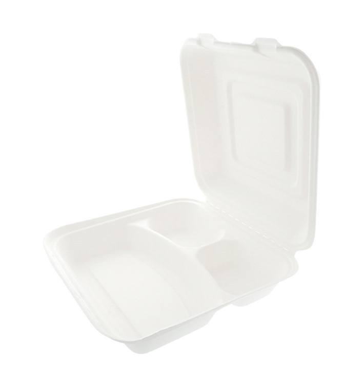 Sugarcane Hinged Container "Menu Box" White 3 Compartments 25x25x7,5cm Sugarcane Hinged Container "Menu Box" White 3 Compartments 25x25x7,5cm