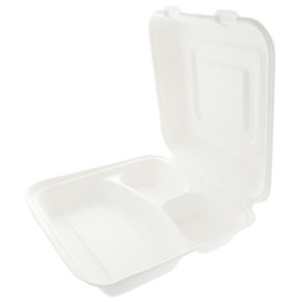 Sugarcane Hinged Container "Menu Box" White 3 Compartments 25x25x7,5cm 