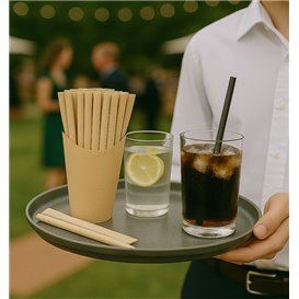 Paper Straight Straw Black Wrapped With a Kraft Sleeve Ø8mm 20cm (100 Units)